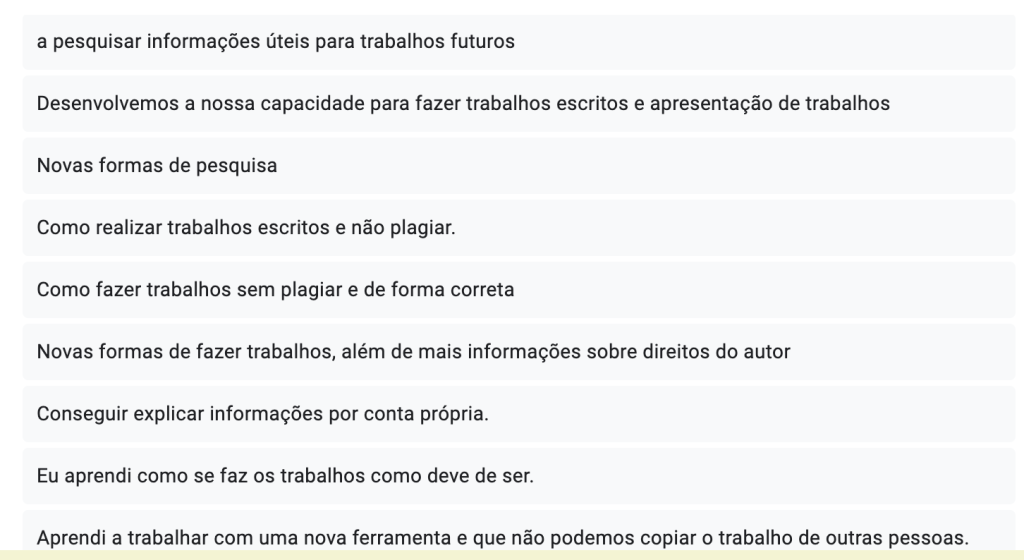 Exemplo de respostas sobre o que foi aprendido nas sessões (questionário anónimo)